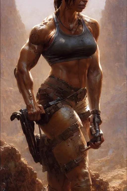 Image similar to muscular sweat lara croft, covers with mud exhausted face close up, highly detailed painting by gaston bussiere, craig mullins, j. c. leyendecker 8 k