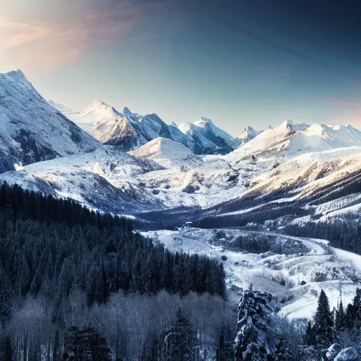 Image similar to an expansive view of a futuristic containment building in a forested valley and snow - capped mountains in the distance, national geographic, hyper realistic, 4 k, dusty light