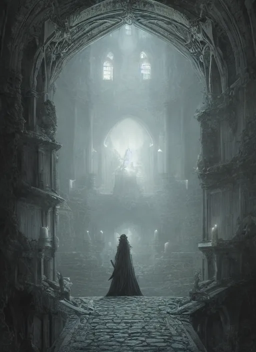 Image similar to Angelarium Gloomy Castle, photo realistic, unreal engine 5, highly detailed, cinematic lighting, octane render, cinematography, breathtaking and epic composition , 8k , 35 mm photography, smooth, in style of Gustave Dore and Greg Rutkowski