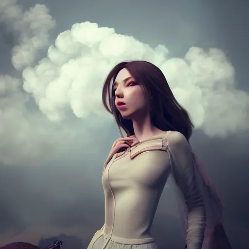 Image similar to beautiful girl in full gown blowing clouds, beautiful portrait, character concept style trending on artstation concept art detailed octane render cinematic photo - realistic 8 k high detailed