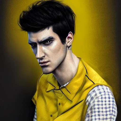 Prompt: ultra realistic illustration, man with black hair, in a checkered yellow and black shirt, with blue eyes, highly detailed, digital painting, artstation, concept art, smooth, sharp focus, illustration