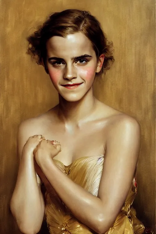 Image similar to smiling emma watson detailed portrait painting by gaston bussiere craig mullins j. c. leyendecker richard avedon