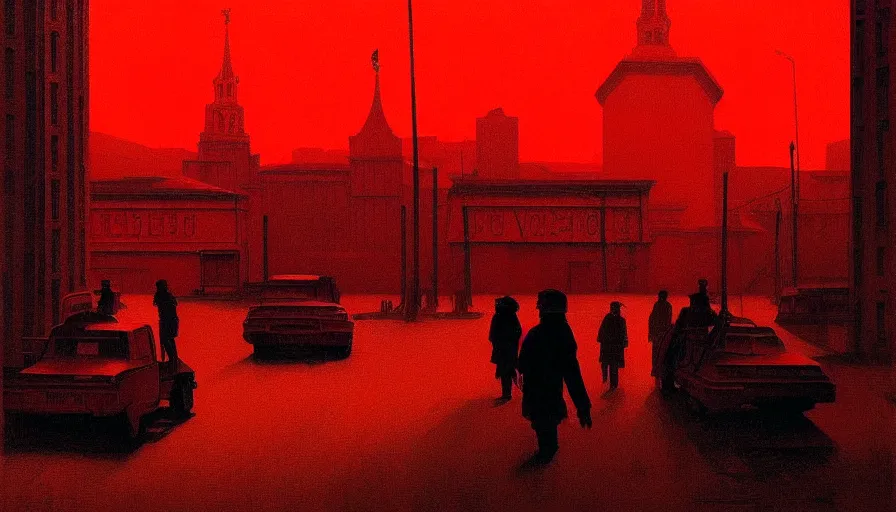 Image similar to only with red, soviet communism city cold atmosphere and with soviet flag, in the style of beksinski, by edward hopper and rodcenko and yue minjun and cory loftis, intricate and epic composition, red by caravaggio, highly detailed, masterpiece, red light, artstation, art nouveau