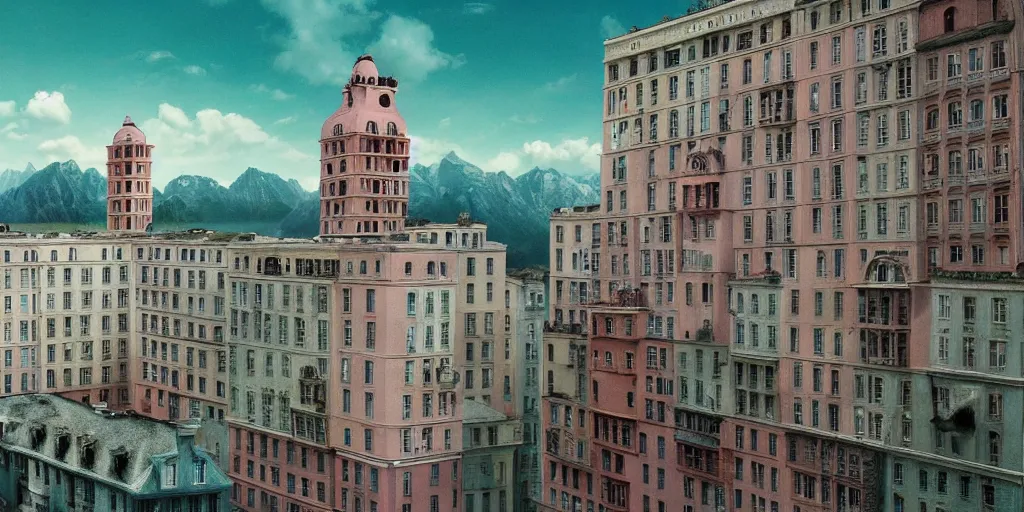 Image similar to a very high resolution image from a new movie, upside - down building, windows, beautiful scenery, photorealistic, photography, directed by wes anderson
