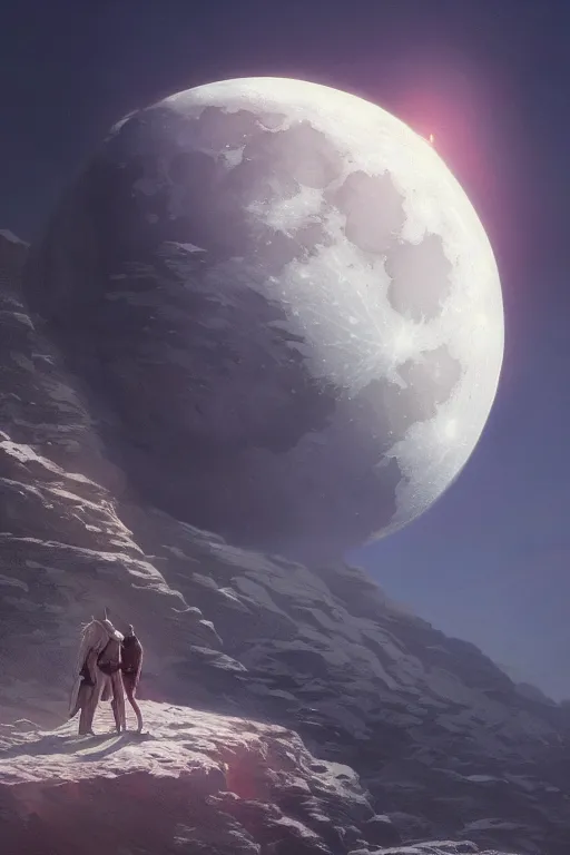 Prompt: The moon with a view of the earth in the background, elegant, digital painting, highly detailed, artstation, concept art, smooth, sharp focus, illustration, art by artgerm and greg rutkowski.