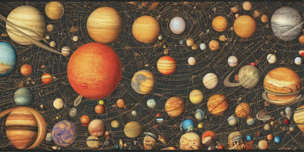 Image similar to the solar system in the style of heironymus bosch, intricate colorful masterpiece, hyper detailed, hd