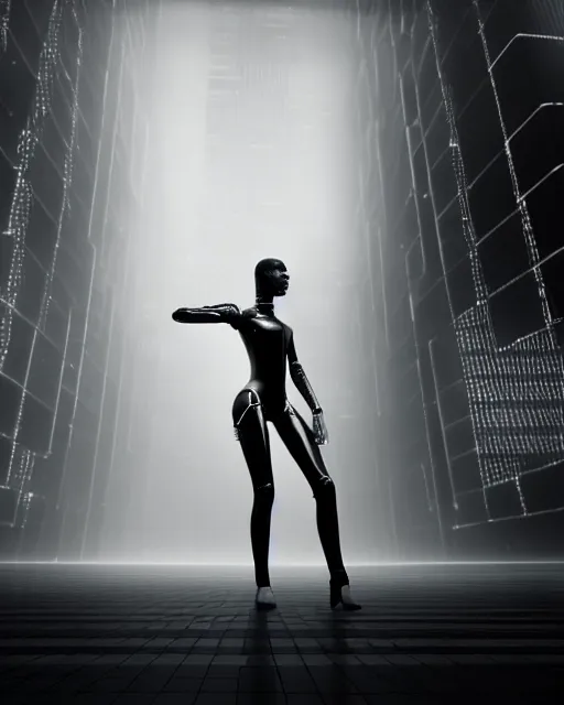 Image similar to black and white high quality photo of a beautiful futuristic dancing female posthuman-cyborg looking into a sci-fi mirror:: volumetric lighting, liminal space, brutalism, foggy, dreamy, hyperdetailed, bokeh, photorealistic, cinematic, masterpiece, Metropolis, elegant, dark, octane render, 8K, in the style of Dora Maar and Man Ray