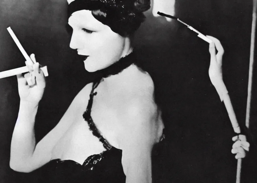 Prompt: a 1 9 2 0 s short - haired flapper woman in black satin gloves holding a long cigarette holder, smirking at the camera, at a jazz party in a dimly lit speakeasy, circa 1 9 2 4, in the style of edward hopper