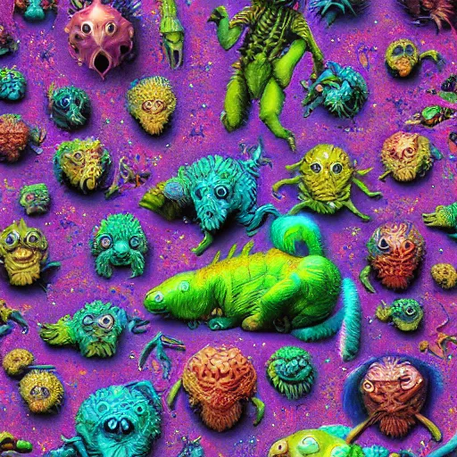 Prompt: critters - movie, color - out - of - space, lisa - frank, wayne - barlowe, wayne - coyne, deathscape, fleshy - surfaces, honeycomb - structures, membranes, sludge, cinematic - lighting, high - detail, artstation, octane render, 4 k,