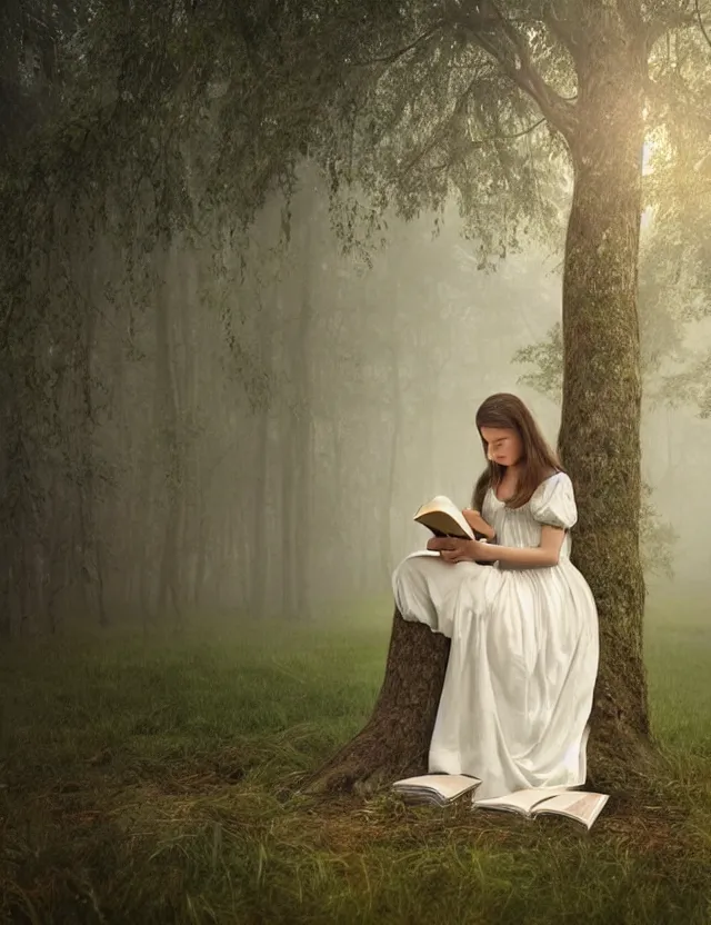 Image similar to beautiful peasant Girl in long white dress reading a book sitting on a tree in a foggy forest, Cinematic focus, Polaroid photo, vintage, neutral colors, soft lights, by Steve Hanks, by Serov Valentin, by lisa yuskavage, by Andrei Tarkovsky 8k render, detailed, oil on canvas