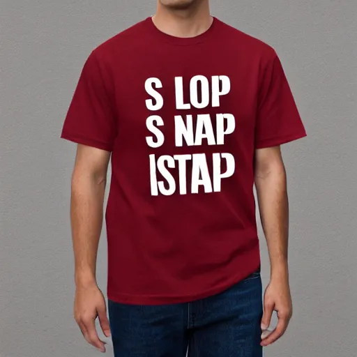 Prompt: a t - shirt with the words stop look listen in red,