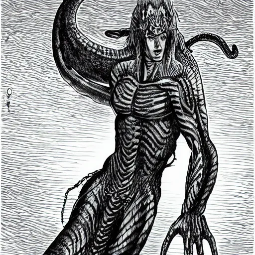 Prompt: a male naga, serpent body, kentaro miura art style