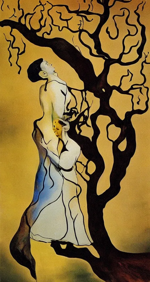 Image similar to Marie Curie hugging a tree by Salvador Dalí