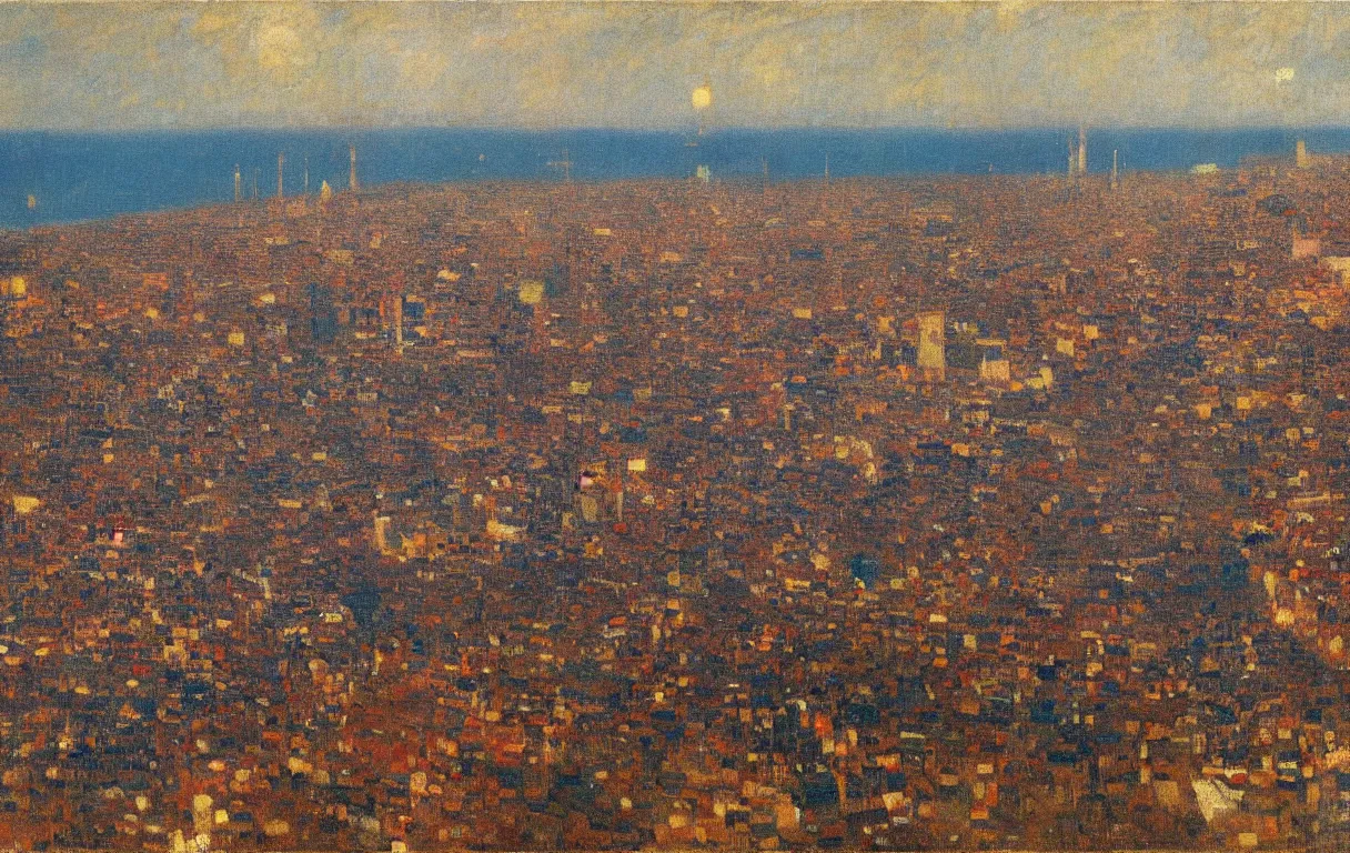 Prompt: cityscape of lagos from above, 1905, highly detailed oil on canvas, by Odilon Redon