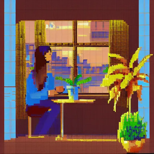 Image similar to a thin, pretty young Filipino girl sits in the window of a Cafe with an espresso, golden morning light, tropical plants, amazing 16 bit pixel art, 6 colors, artstation