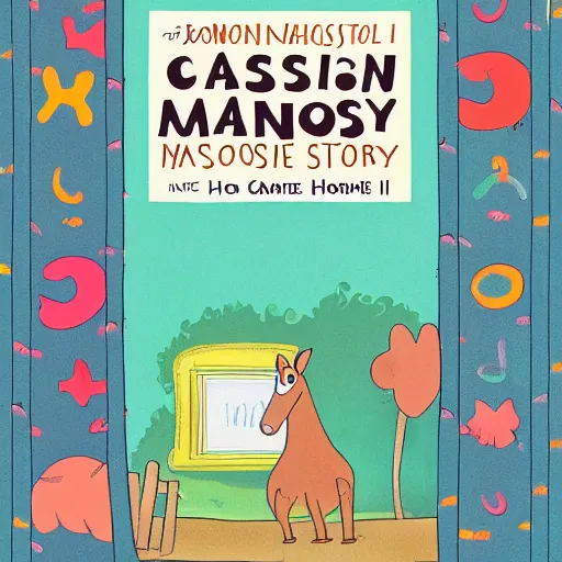 Prompt: book cover design of a children story called cartoon maisy a horse went to the hospital