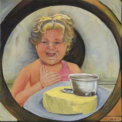 Image similar to marjorie taylor greene eating a large wheel of cheese,