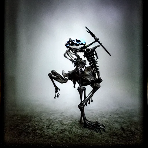 Prompt: frog horseman riding a translucent unicorn skeleton in a thick fog, polaroid photography in style of andrey tarkovski, ominous, mystical, sublime