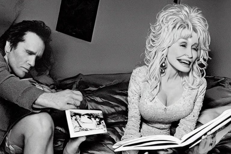 Image similar to portrait of dolly parton reading a bedtime story to jim carrey in bed,