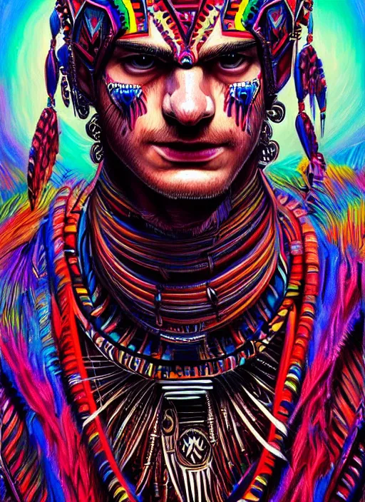 Prompt: portrait of andrew garfield, hyper detailed ultra sharp aztec shaman warrior. trending on artstation, warpaint aesthetic, bloodwave, colorful, psychedelic, ornate, intricate, digital painting, concept art, smooth, sharp focus, illustration, art by artgerm and greg rutkowski and h. r. giger, 8 k