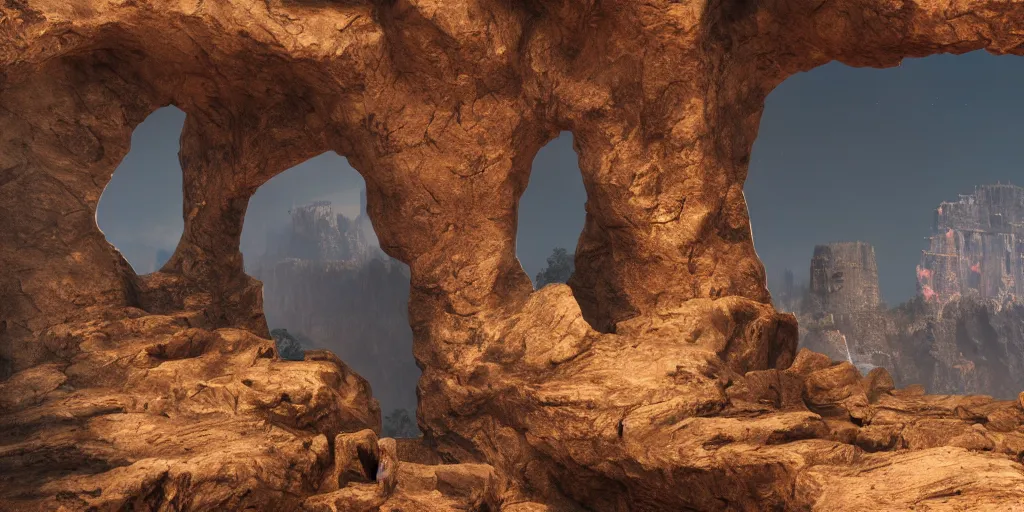 Prompt: Rocky arch connect two sides from left to right over the canyon with magma, in the distance ancient castle with destroyed tower, highly detailed, matte painting, wide lens, ultra realistic, 4k, 8k resolution, trending on artstation, octane render, unreal engine.