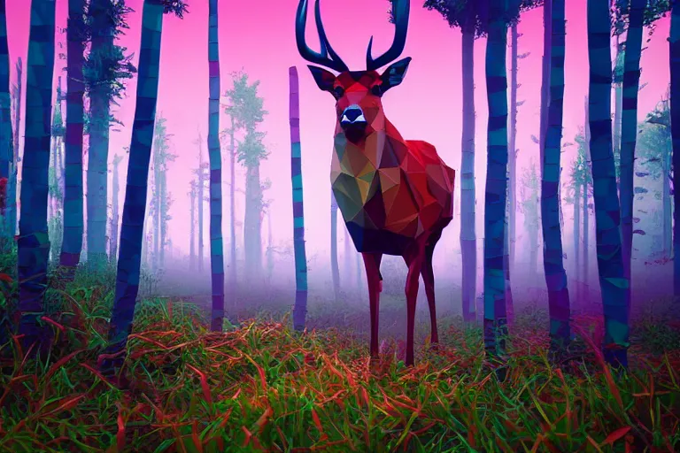 Image similar to super detailed color lowpoly art, red deer in an undergrowth, unreal engine, retrowave color palette, 3 d render, lowpoly, colorful, digital art, perspective