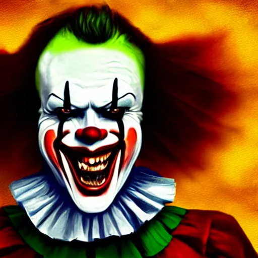 Image similar to pennywise as the joker, artstation hall of fame gallery, editors choice, #1 digital painting of all time, most beautiful image ever created, emotionally evocative, greatest art ever made, lifetime achievement magnum opus masterpiece, the most amazing breathtaking image with the deepest message ever painted, a thing of beauty beyond imagination or words, 4k, highly detailed, cinematic lighting