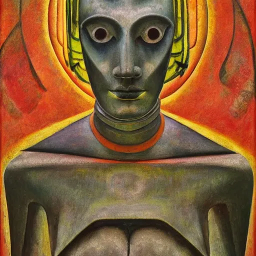Prompt: portrait of a robot shaman, by annie swynnerton and edward hopper and rufino tamayo and jean delville and evelyn de morgan and diego rivera, art deco shaman, stylized geometric flowers, art brut, outsider art, symbolist, dramatic lighting, god rays, clean crisp graphics, smooth sharp focus, extremely detailed, adolf wolfli