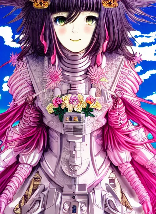 Prompt: highly detailed artstation vaporwave katsuhiro otomo fluorescent fantastic fate manga poster of princess mechine, minaba hideo,, long hair, armor, laces, ruffles, 8 k, maximalist, art nouveau,