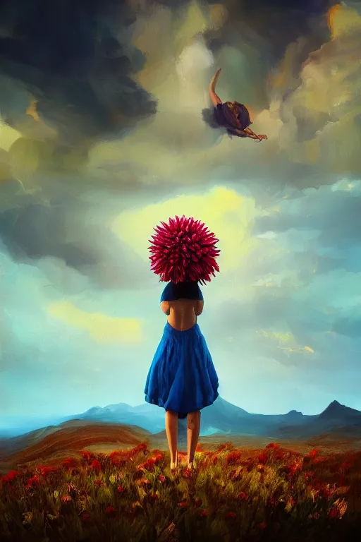 Prompt: closeup giant dahlia flower as head, girl standing on mountain, body of ronnie coleman, surreal photography, blue storm clouds, dramatic light, impressionist painting, digital painting, artstation, simon stalenhag