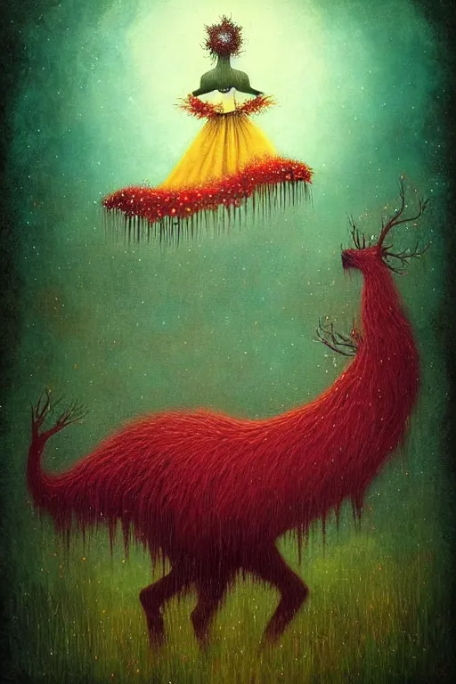 Prompt: surreal hybrid animals, nostalgia for a fairytale, magic realism, flowerpunk, mysterious, vivid colors, by andy kehoe