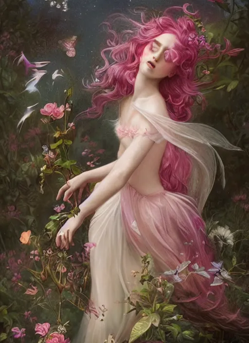 Image similar to a beautiful pink fairy with large wings and long flowing hair exploring her flower garden, style of tom bagshaw, extremely detailed, muted colors