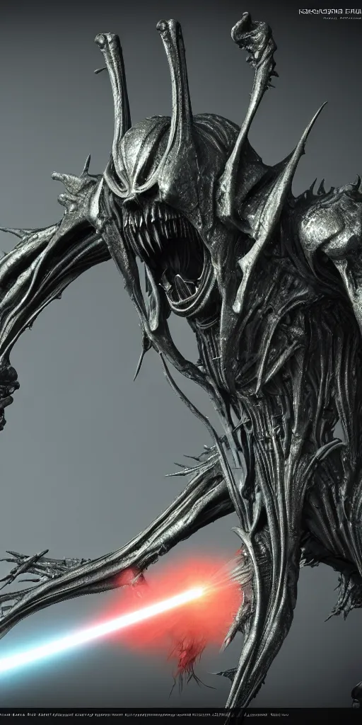 Prompt: futuristic alien with lasers eldenring boss. fromsoftware, dark souls, eldenring, screenshot, extremely detailed, insanely detailed, realistic, zbrush, horror, bloodbourne, h. r. giger