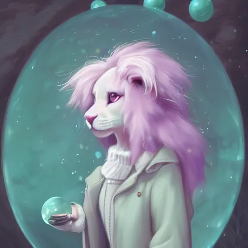 Image similar to aesthetic portrait commission of a albino male furry anthro lion under a lavender bubble filled while wearing a cute mint colored cozy soft pastel winter outfit with pearls on it, winter Atmosphere. Character design by charlie bowater, ross tran, artgerm, and makoto shinkai, detailed, inked, western comic book art, 2021 award winning painting