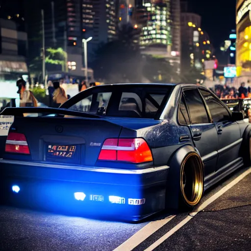 Image similar to a car JZX100 turbo drift at illegal car meet, Shibuya prefecture, midnight mist lights, cinematic color, photorealistic, highly detailed wheels, highly detailed