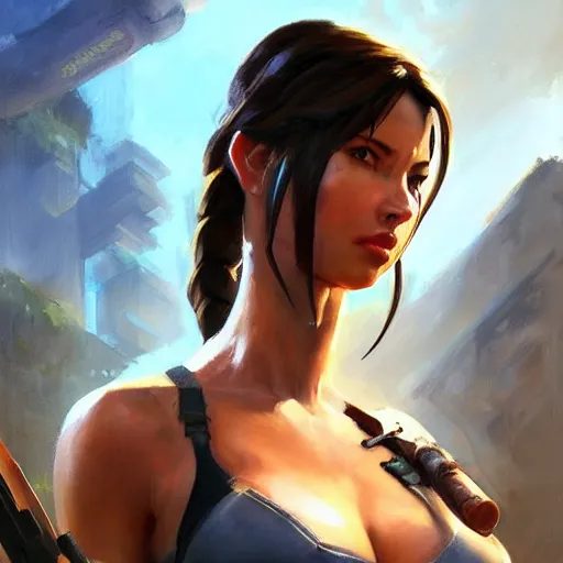 Image similar to greg manchess portrait painting of partially armored lara croft as overwatch character, close - up shot, asymmetrical, profile picture, organic painting, sunny day, matte painting, bold shapes, hard edges, street art, trending on artstation, by huang guangjian and gil elvgren and sachin teng