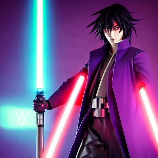 Prompt: eccentric Lelouch Lamperouge holding a lightsaber, mysterious man, octane 8k, aesthetic cyberpunk, lightsaber duel, 2022, beautiful reflections, octane render, purple lightsaber