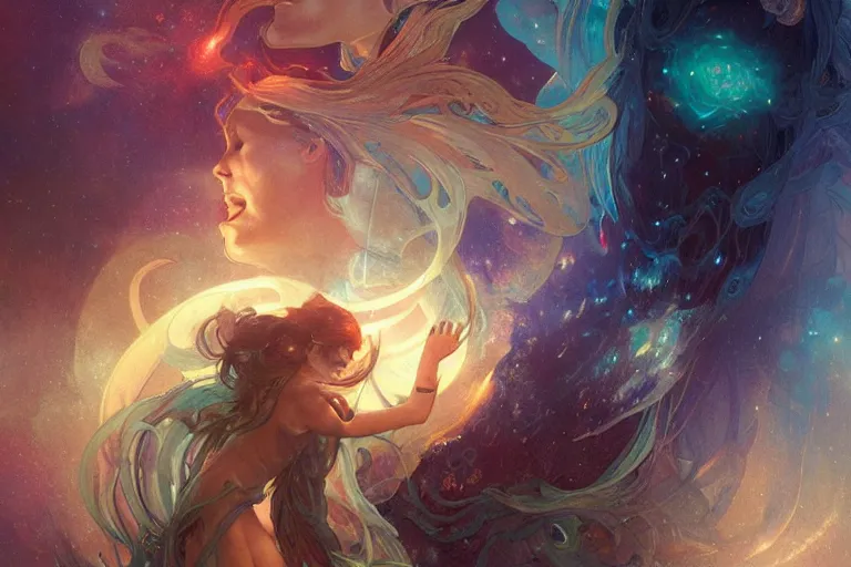 Prompt: ghostly figures in a nebula of sound, arcs of fiery neon light, swirling mystical particles and musical notes floating, beautiful, intricate, highly detailed concept art by artgerm and greg rutkowski and alphonse mucha