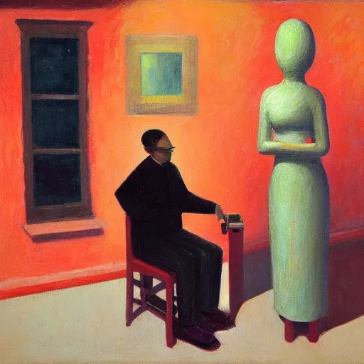 Prompt: an impasto painting by shaun tan of an abstract sculpture by the caretaker and edward hopper