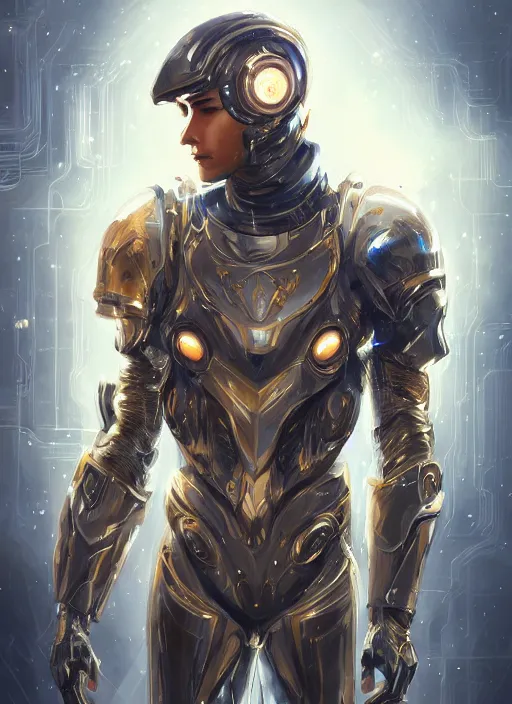 Image similar to portrait of handsome guy in cyber armor, dreamy and ethereal, expressive pose, gold eyes, exciting expression, fantasy, intricate, elegant, many lightning, cold color, highly detailed, digital painting, artstation, concept art, cyberpunk wearing, smooth, sharp focus, led, illustration.