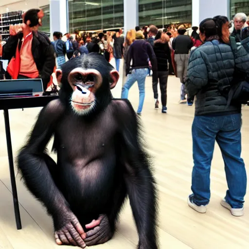 Image similar to a chimpanzee shopping in an apple store