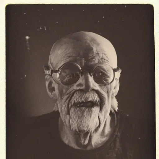 Prompt: a realistic polaroid photo of an old man after a failed experiment inside a laboratory, the head of the old man is deformed and dark, cosmic horror