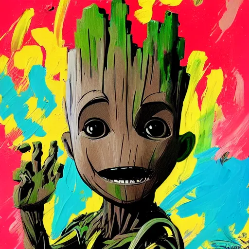 Image similar to a happy baby groot art by ashley wood, jim mahfood, traditional painting, yoji shinkawa, jamie hewlett, 6 0's french movie poster, french impressionism, vivid colors, palette knife and brush strokes, paint drips, 8 k, hd, high resolution print