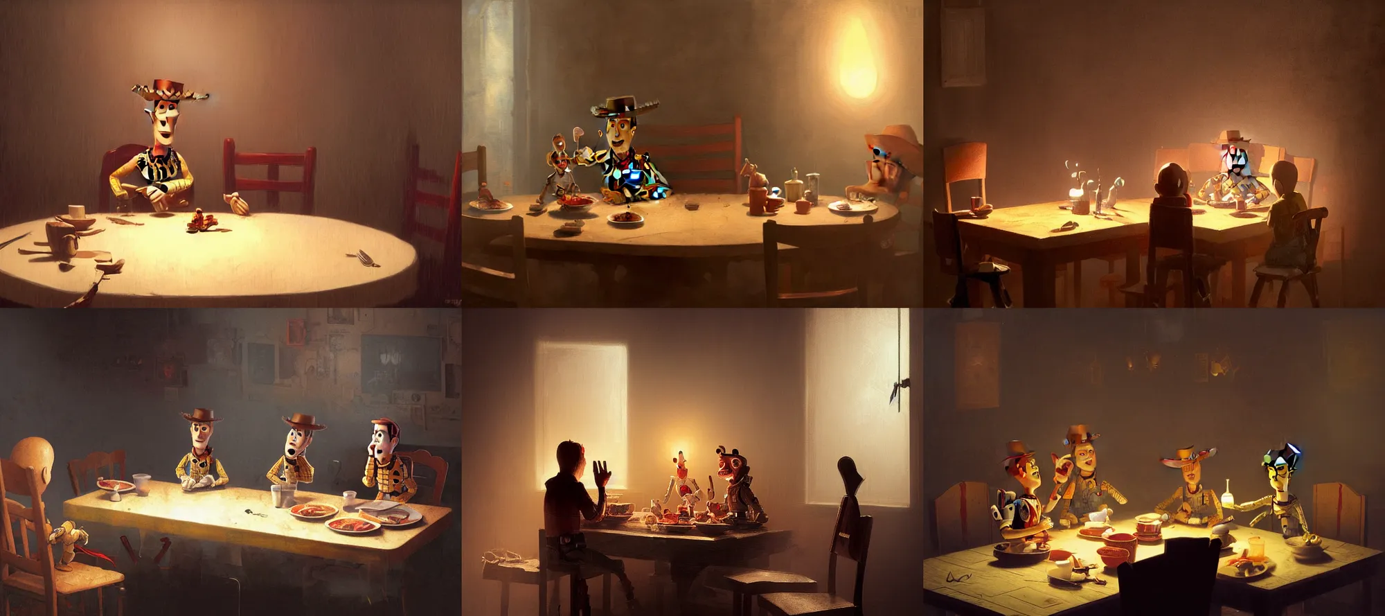 Prompt: woody toy story tf fnaf silent hill eating dinner at a table in the backrooms happiness is temporary by greg rutkowski