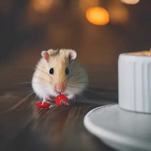 Prompt: photo of a hamster eating spaghetti, at night, candlelit restaurant table, various poses, unedited, soft light, centered, sharp focus, 8 k