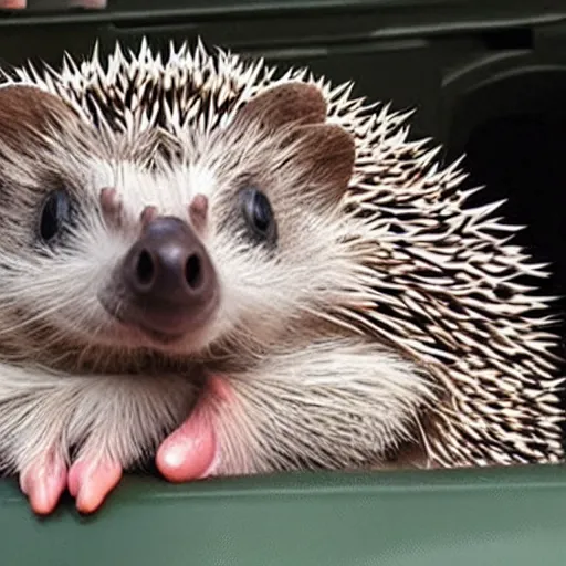 Prompt: a hedgehog in a tractor with paws at a steering wheel