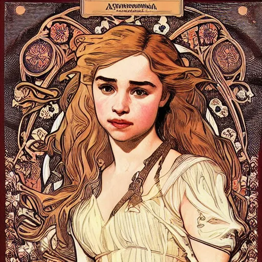 Image similar to Beautiful young girl like Daenerys Targaryen emilia clarke illustrated by alphonse mucha