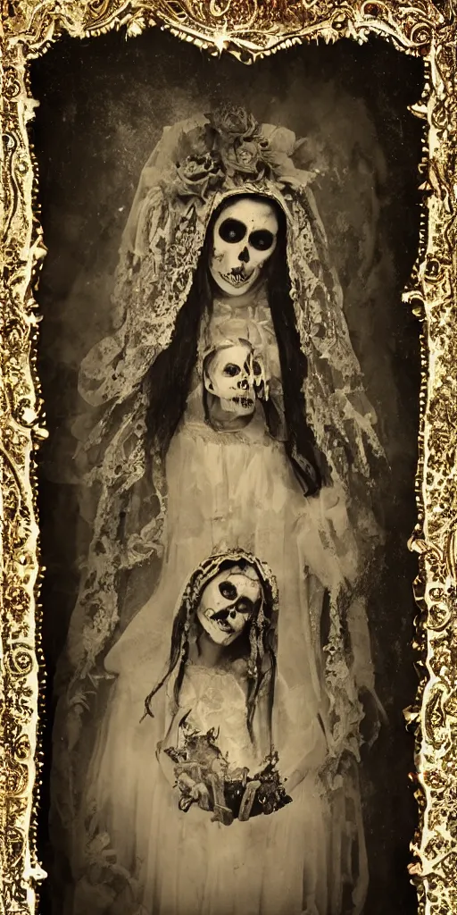 Image similar to tintype full body view, virgin mary in dia de muertos dress and make up, horrific beautiful vibe, evocative, atmospheric lighting, painted, intricate, highly detailed,