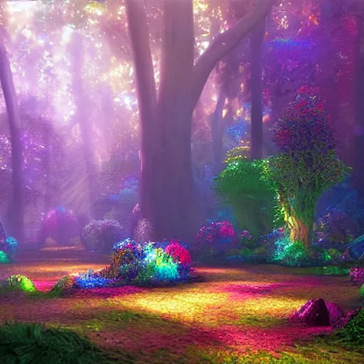 Prompt: artwork of a forest made of trees made of multicolored gems by thomas kinkade, trending in artstation, fantasy world, volumetric light