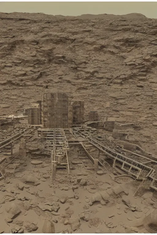 Image similar to industrial research lab brutalist arquitecture in a quarry in the middle of the desert of Mars planet at night dust storm concept art by yoshitaka amano and H.R. Giger, intricate detail, 8k, featured art